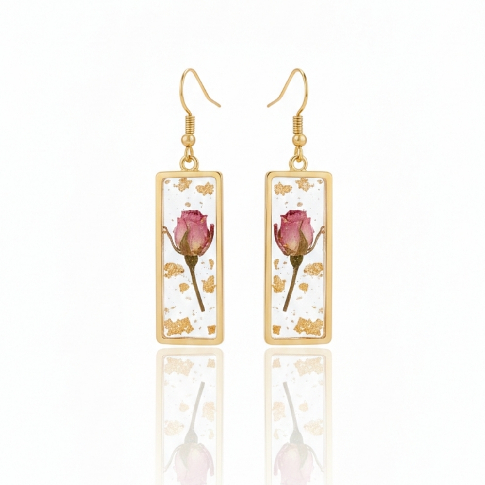 🆕️ Artisan With Real Floral & Resin Elegant Gold and Pink Rose Earrings
